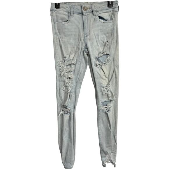 American Eagle Jeans Womens Size 4 Light Wash Blue Denim Stretch Ripped Jegging - Picture 1 of 9